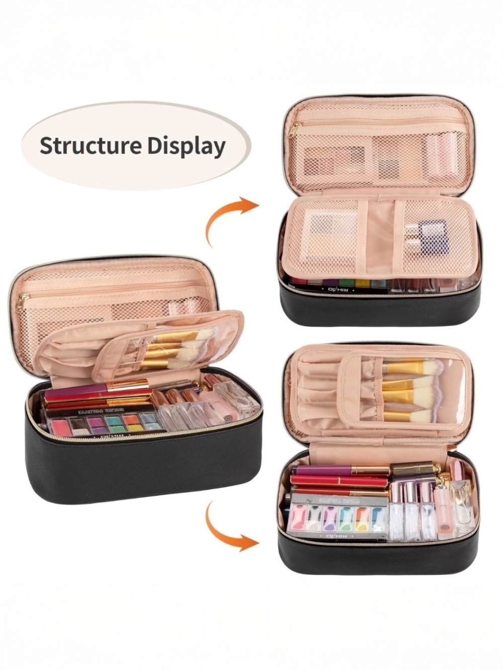 Black Travel Makeup Bag Cosmetic Organizer Toiletry Case Gold Zip - Picture 7 of 9